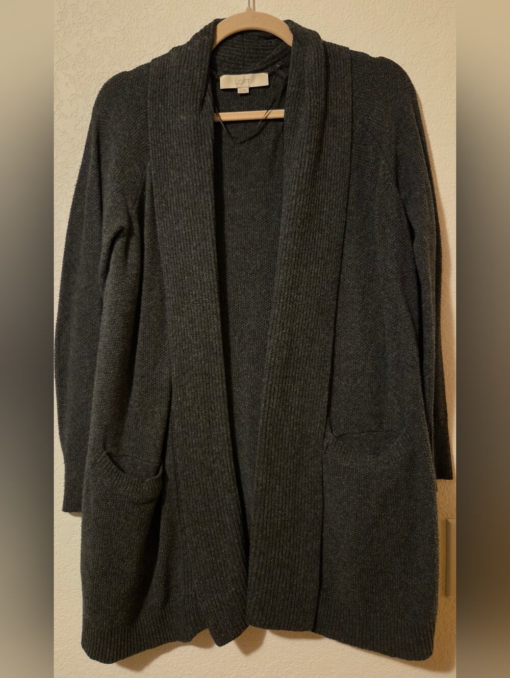 LOFT Charcoal Gray Open-Front Shawl Collar Cardigan